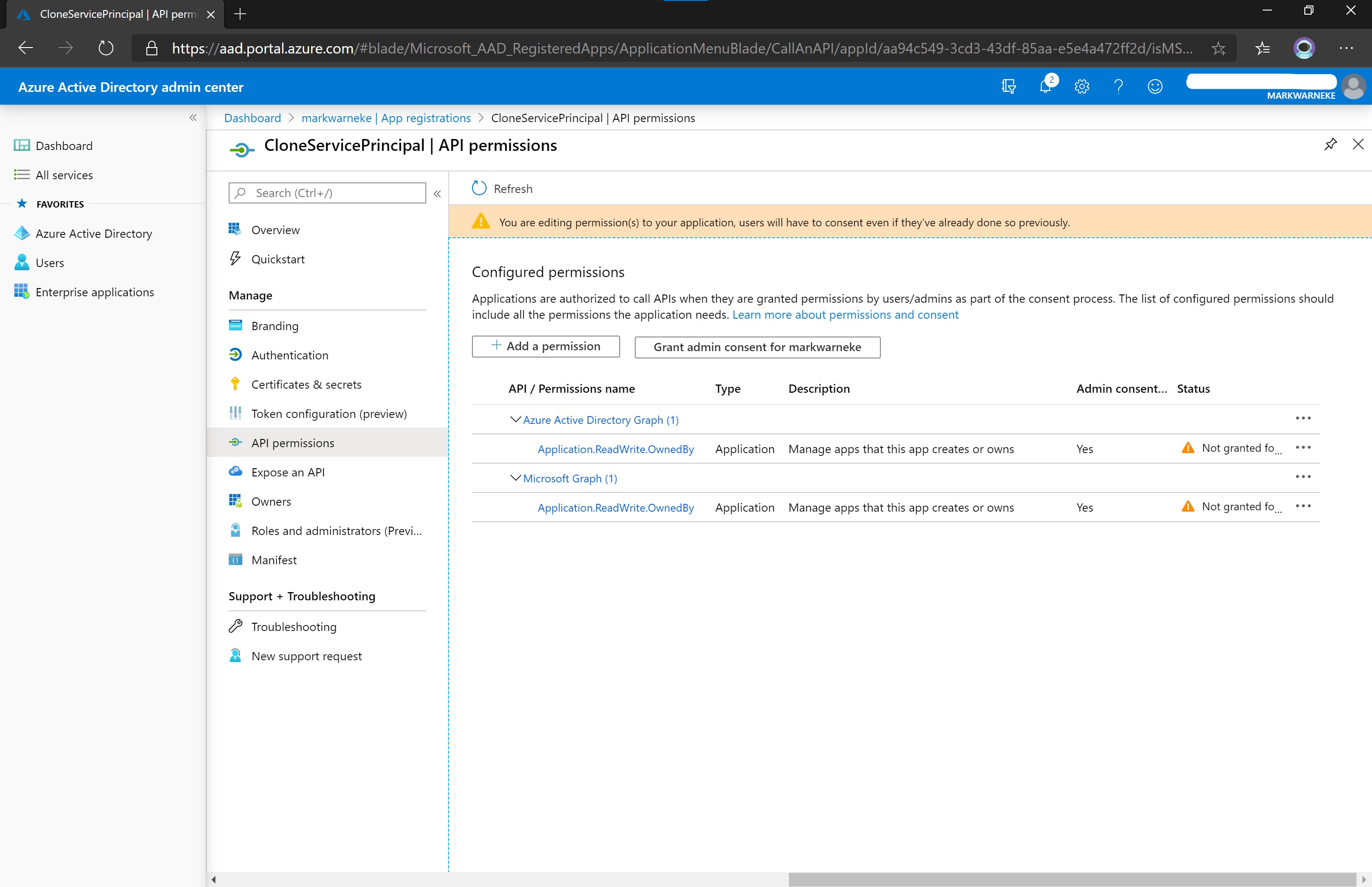 Azure Active Directory admin center App registration Add permissions Granting