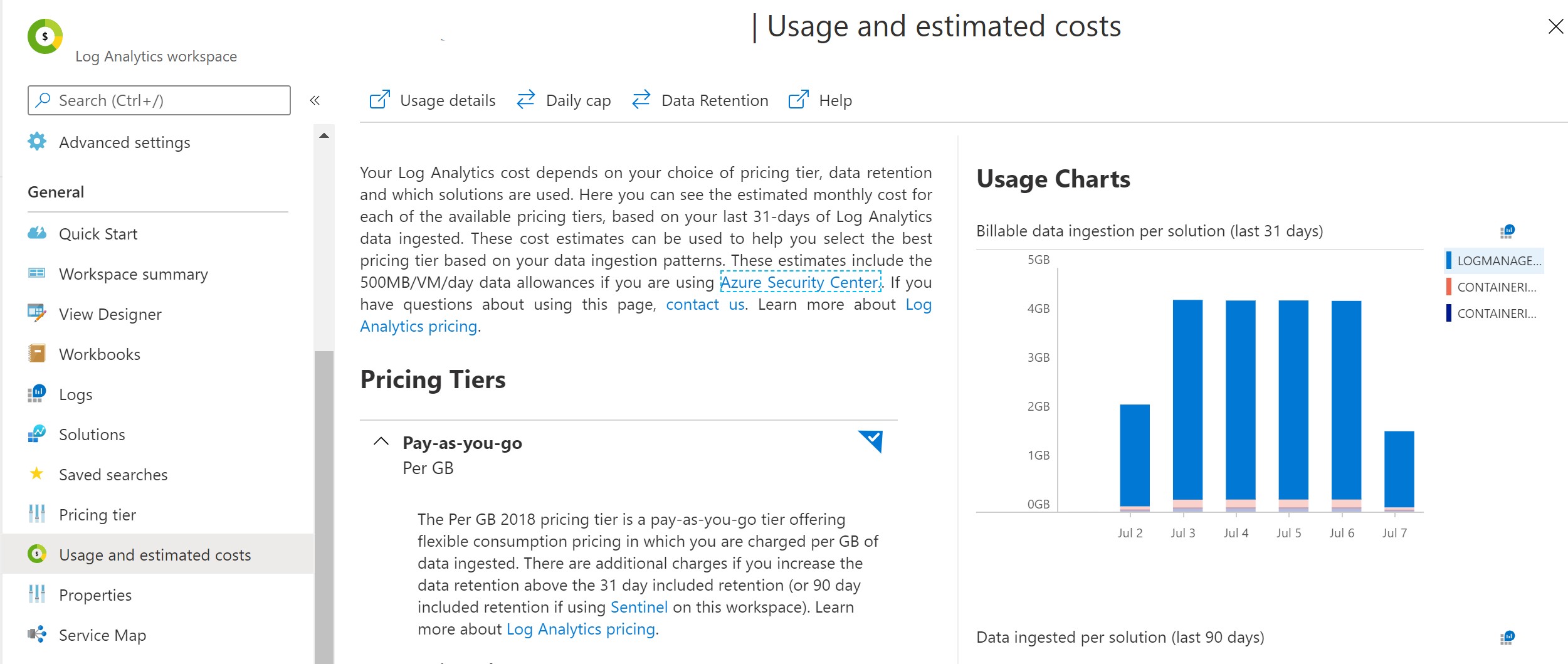 Azure Log Analytics Usage and estimated costs 80%